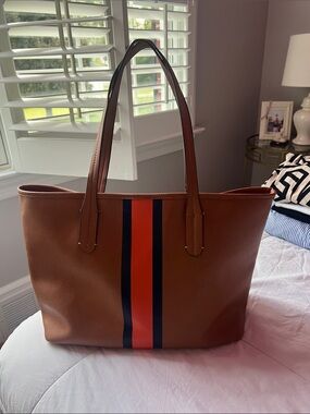 Neely & Chloe Brown Tote Bag with Navy and Orange Center Stripe